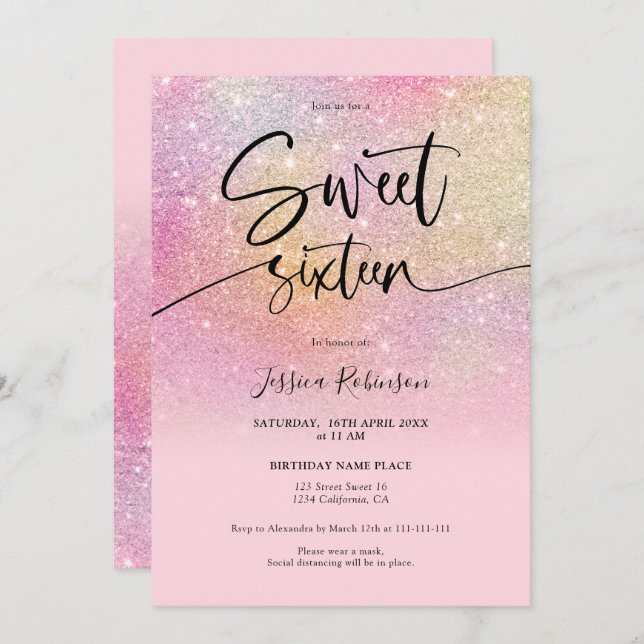 Rainbow glitter ombre girly pink Sweet 16 Invitation (Front/Back)