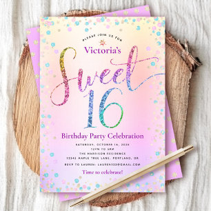 Rainbow Glitter Ombre Script Sweet 16 Birthday Invitation