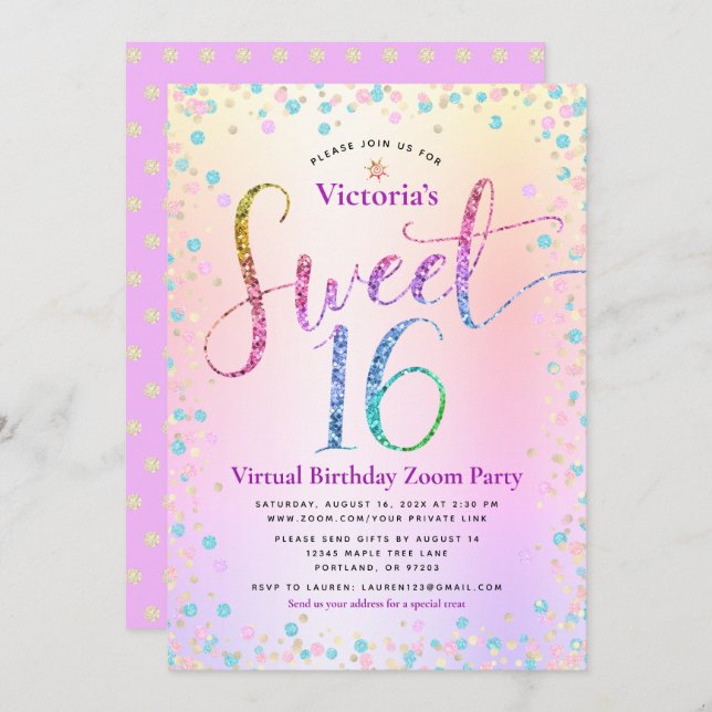 Rainbow Glitter Ombre Virtual Sweet 16 Birthday Invitation (Front/Back)