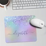 Rainbow Glitter Personalised Mouse Mat<br><div class="desc">Cute girly mouse pad featuring unicorn-coloured rainbow faux dripping glitter against a background of purple,  pink,  blue,  green and yellow. Personalise with your name in a stylish trendy purple script.</div>