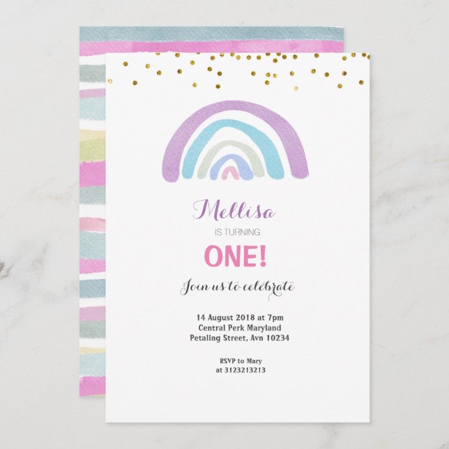 Rainbow Glitter Pink 1st Birthday Invitation Girl (Front/Back)