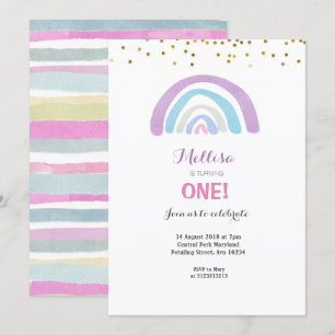 Rainbow Glitter Pink 1st Birthday Invitation Girl