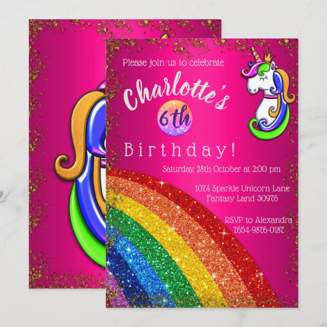 Rainbow Glitter Pink Unicorn Birthday Party Invitation (Front/Back)