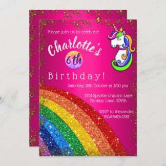 Rainbow Glitter Pink Unicorn Birthday Party Invitation