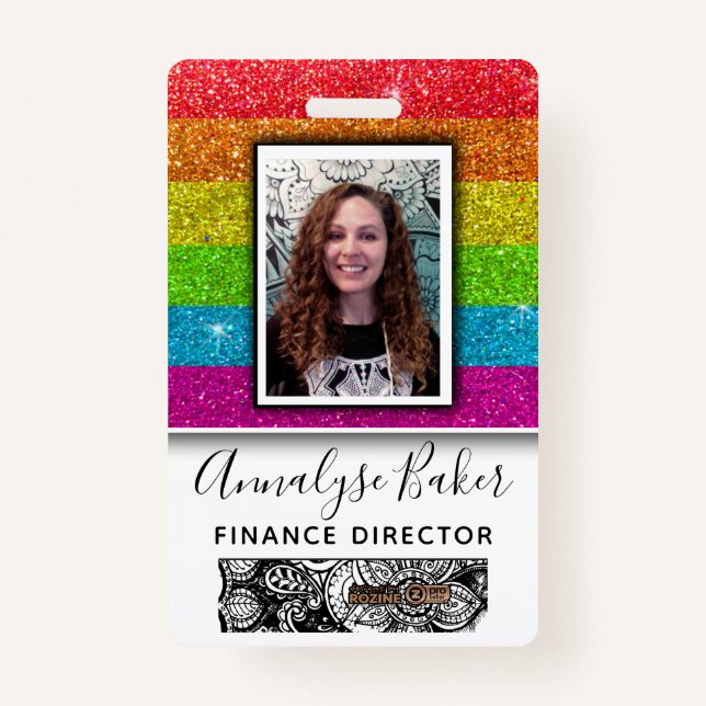 Rainbow Glitter Professional CNA Nurse Photo Name ID Badge (Front)