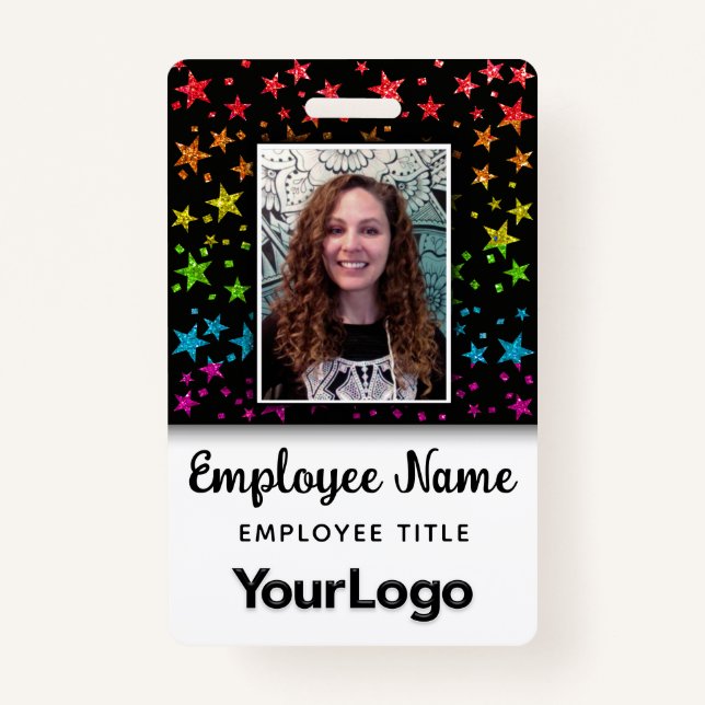 Rainbow Glitter Professional Photo Employee Name ID Badge (Front)