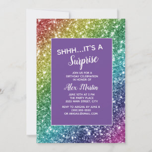 Rainbow Glitter Purple Surprise Birthday Party  Invitation