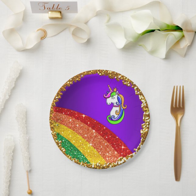 Rainbow Glitter Purple Unicorn Party Paper Plates (Wedding)