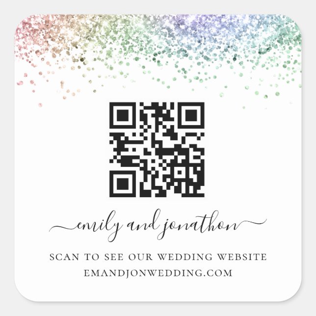 Rainbow Glitter QR Code Wedding Website  Square Sticker (Front)