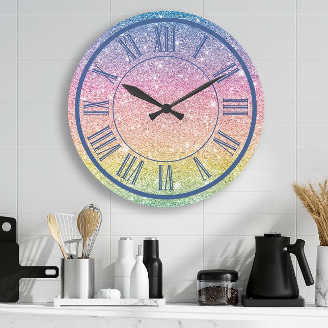 Rainbow Glitter Roman Numeral Sparkle Girly Large Clock (Creator Uploaded)