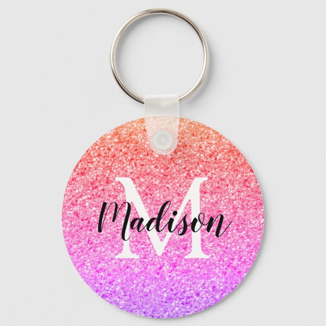 Rainbow Glitter Script Monogram Personalised Key Ring (Front)