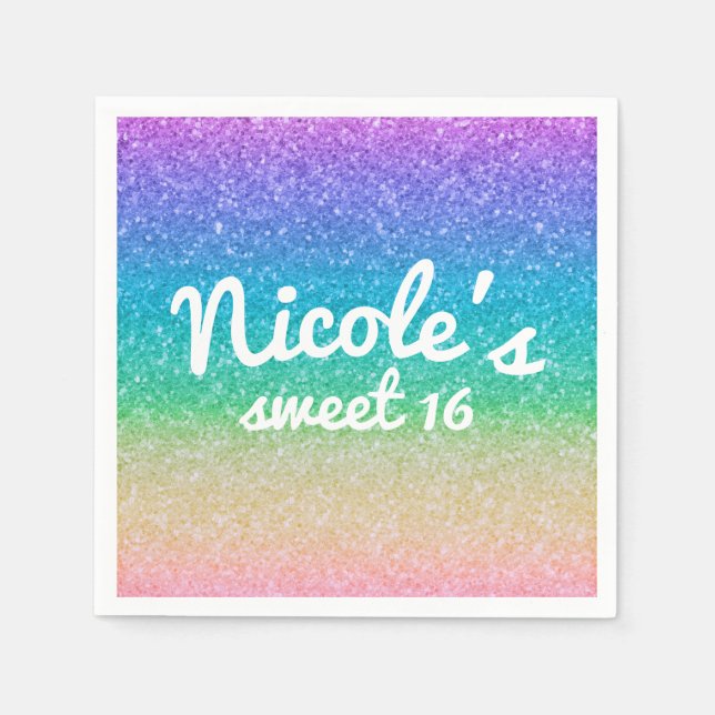 Rainbow Glitter Sparkle Glam Birthday Party Custom Napkin (Front)