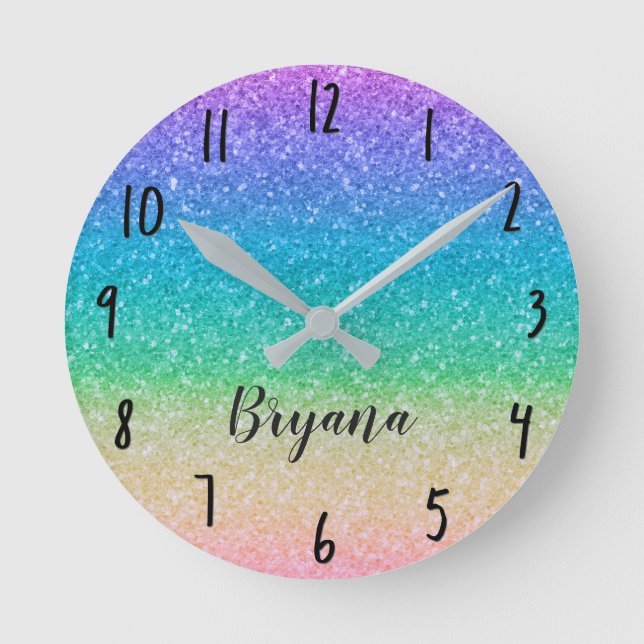 Rainbow Glitter Sparkle Glamour Girls Pretty Round Clock (Front)