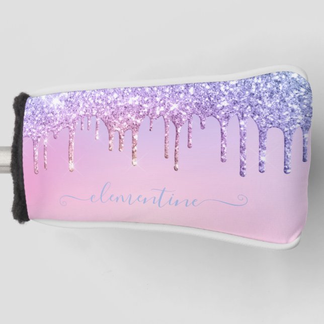 Rainbow glitter sparkle script modern girly script golf head cover (Front)
