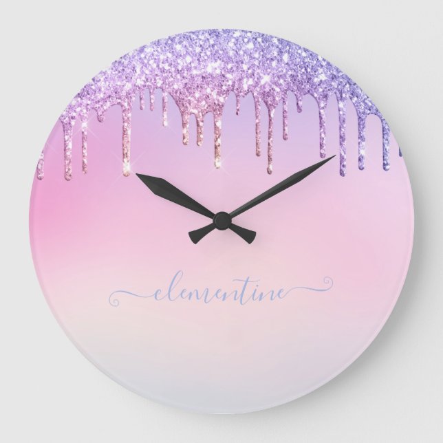 Rainbow glitter sparkle script modern girly script large clock (Front)