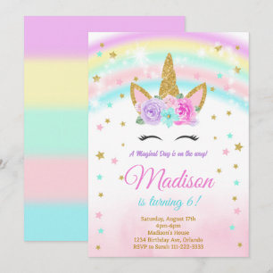 Rainbow Glitter Stars Unicorn Birthday Invitation