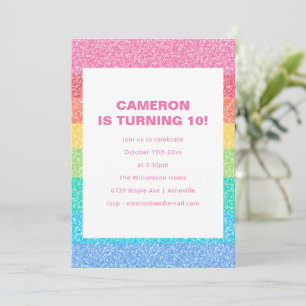 Rainbow Glitter Stripe Kids Cute Birthday Party Invitation