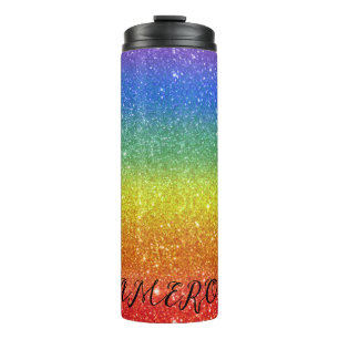 Rainbow Glitter Stripes with Custom Name Thermal Tumbler