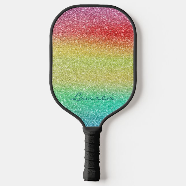 Rainbow Glitter Teal Name Pickleball Paddle (Back)