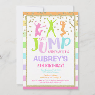 Rainbow Glitter Trampoline Jump Birthday Girl Invitation