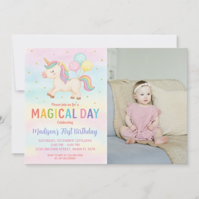 Rainbow Glitter Unicorn Birthday Invitation (Front)
