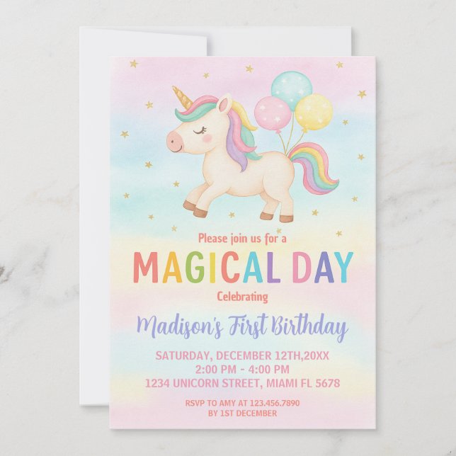 Rainbow Glitter Unicorn Birthday Invitation (Front)