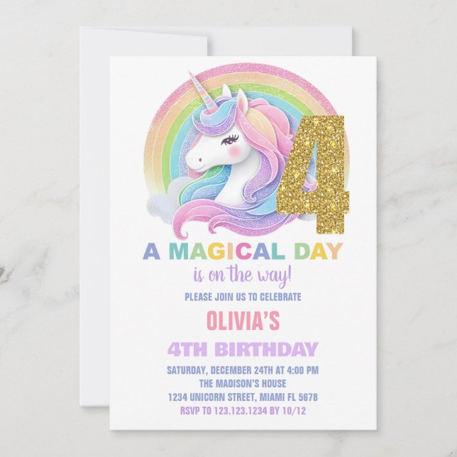 Rainbow Glitter Unicorn Birthday Invitations (Front)