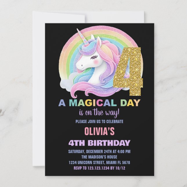 Rainbow Glitter Unicorn Birthday Invitations (Front)