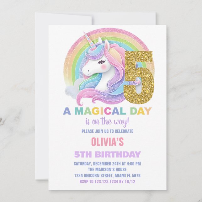 Rainbow Glitter Unicorn Birthday Invitations (Front)