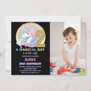 Rainbow Glitter Unicorn Birthday Invitations photo