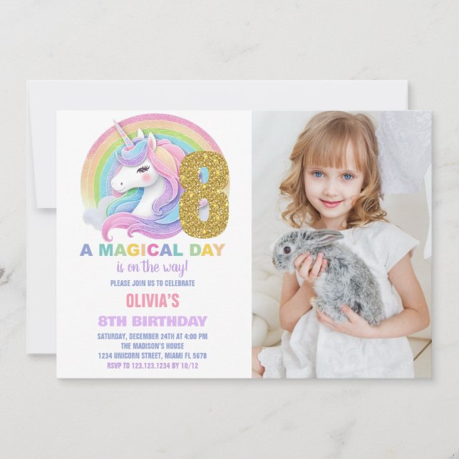 Rainbow Glitter Unicorn Birthday Invitations photo (Front)
