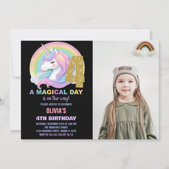 Rainbow Glitter Unicorn Birthday Invitations photo (Front)