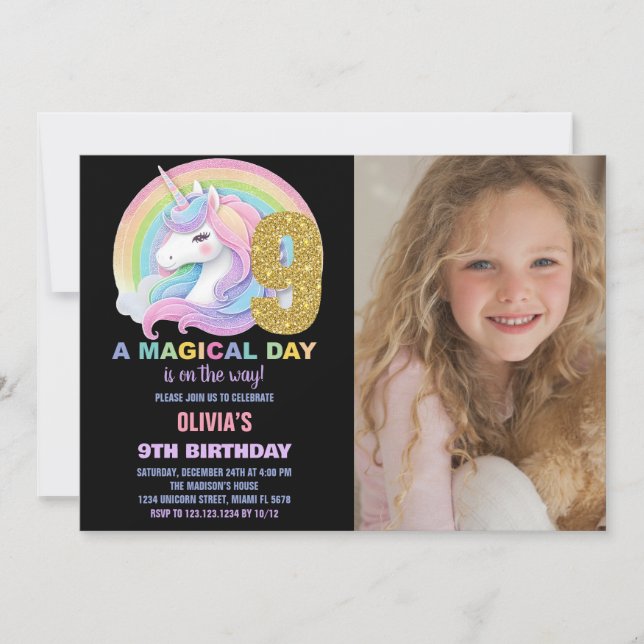 Rainbow Glitter Unicorn Birthday Invitations photo (Front)