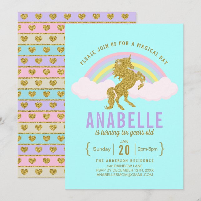 Rainbow Glitter Unicorn Birthday Party Invitation (Front/Back)