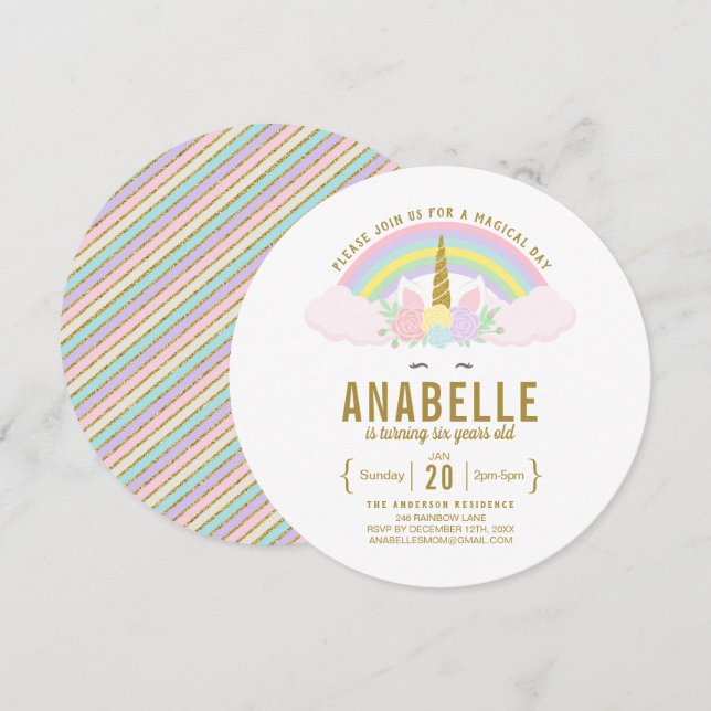 Rainbow Glitter Unicorn Birthday Party Invitation (Front/Back)