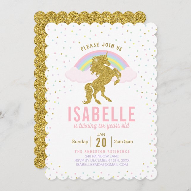 Rainbow Glitter Unicorn Birthday Party Invitation (Front/Back)