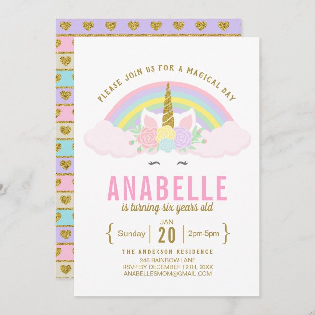 Rainbow Glitter Unicorn Birthday Party Invitation (Front/Back)