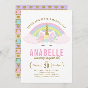 Rainbow Glitter Unicorn Birthday Party Invitation