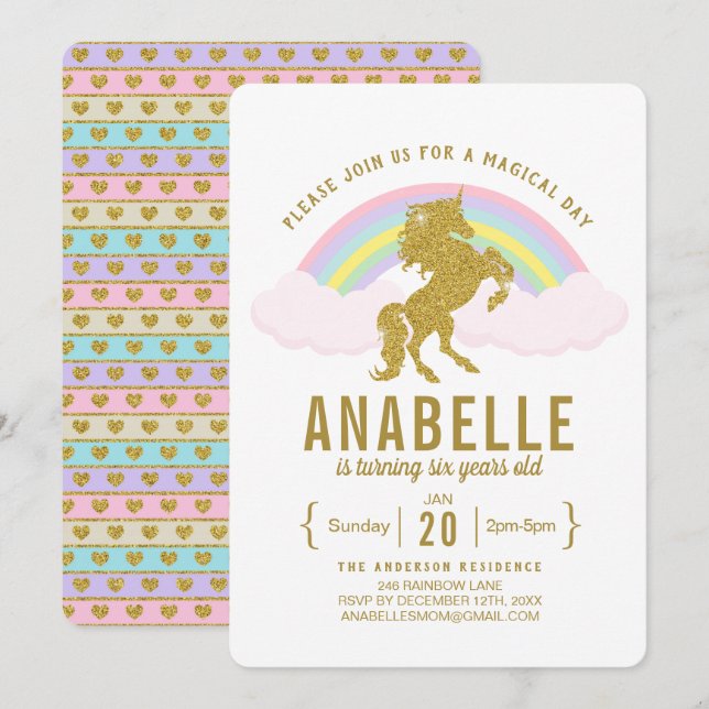Rainbow Glitter Unicorn Birthday Party Invitation (Front/Back)