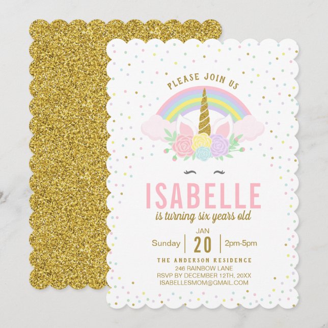 Rainbow Glitter Unicorn Birthday Party Invitation (Front/Back)