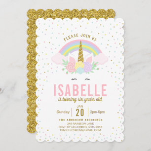 Rainbow Glitter Unicorn Birthday Party Invitation