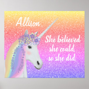 Rainbow Glitter Unicorn Girls Personalised Poster