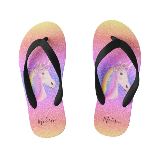 Rainbow Glitter Unicorn Personalised Kid's Flip Flops (Footbed)