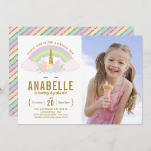 Rainbow Glitter Unicorn Photo Birthday Invitation