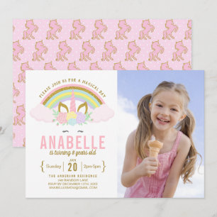 Rainbow Glitter Unicorn Photo Birthday Invitation