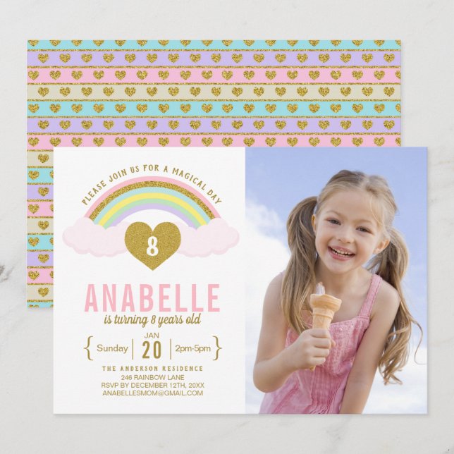 Rainbow Glitter Unicorn Photo Birthday Invitation (Front/Back)