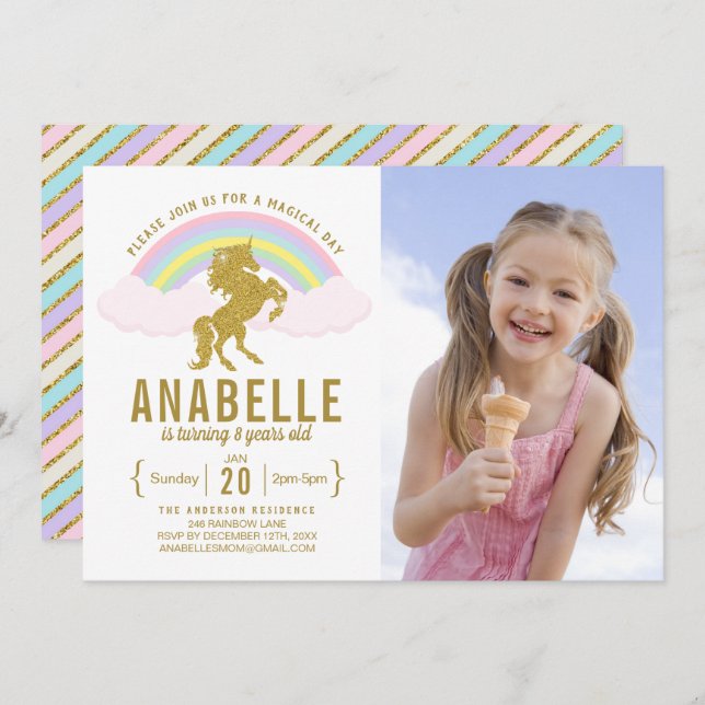 Rainbow Glitter Unicorn Photo Birthday Invitation (Front/Back)