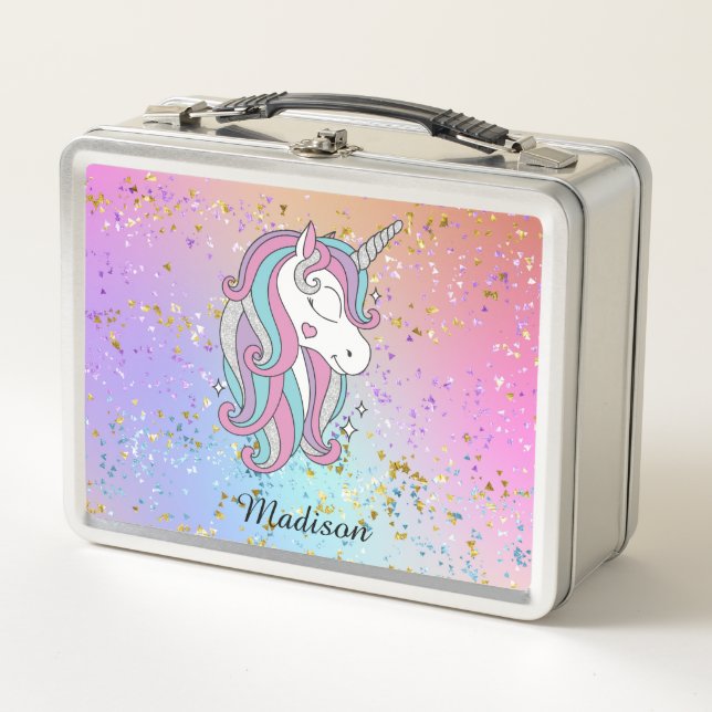 Rainbow Glitter Unicorn Sparkle Personalised  Metal Lunch Box (Front)