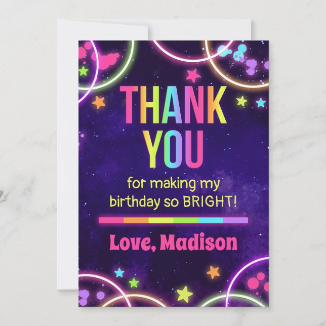 Rainbow Glow Birthday Party Thank You Cards (Front)