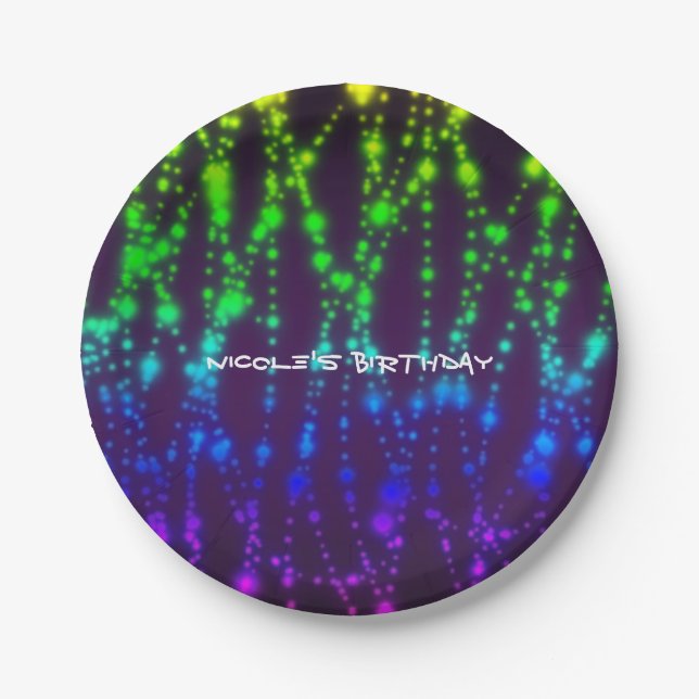 Rainbow Glow Neon Sparkles Birthday Party Paper Plate (Front)